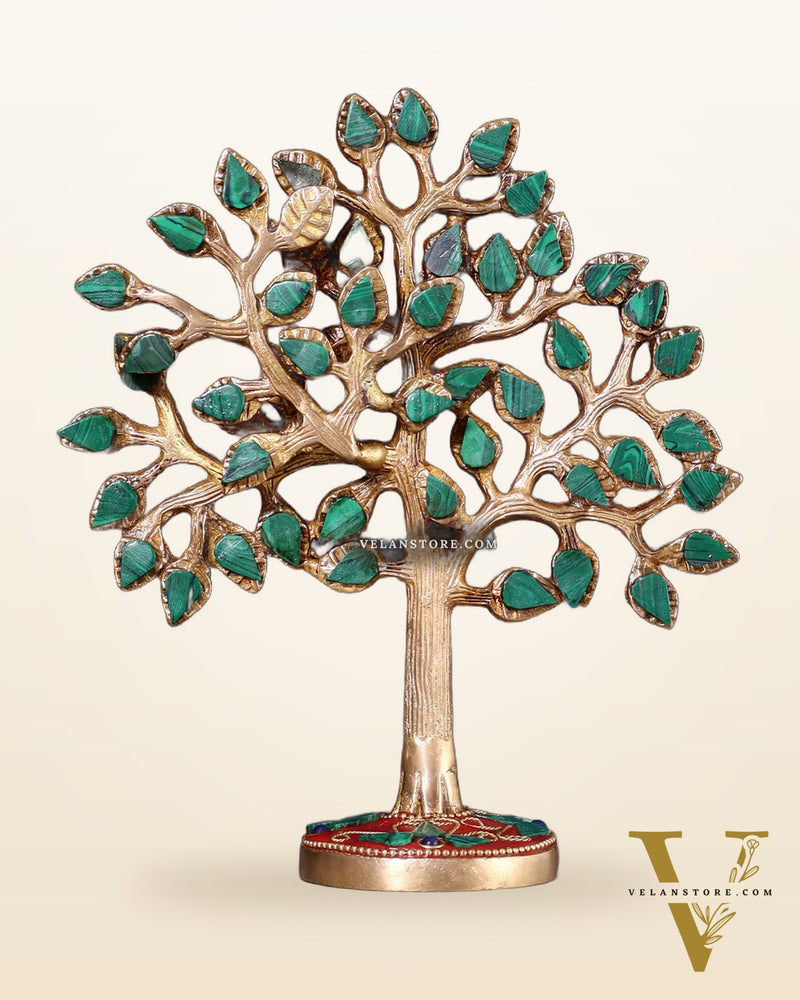 Pure Brass Kalpavriksha Tree with Stone Inlay – Table Decor Accent 7"