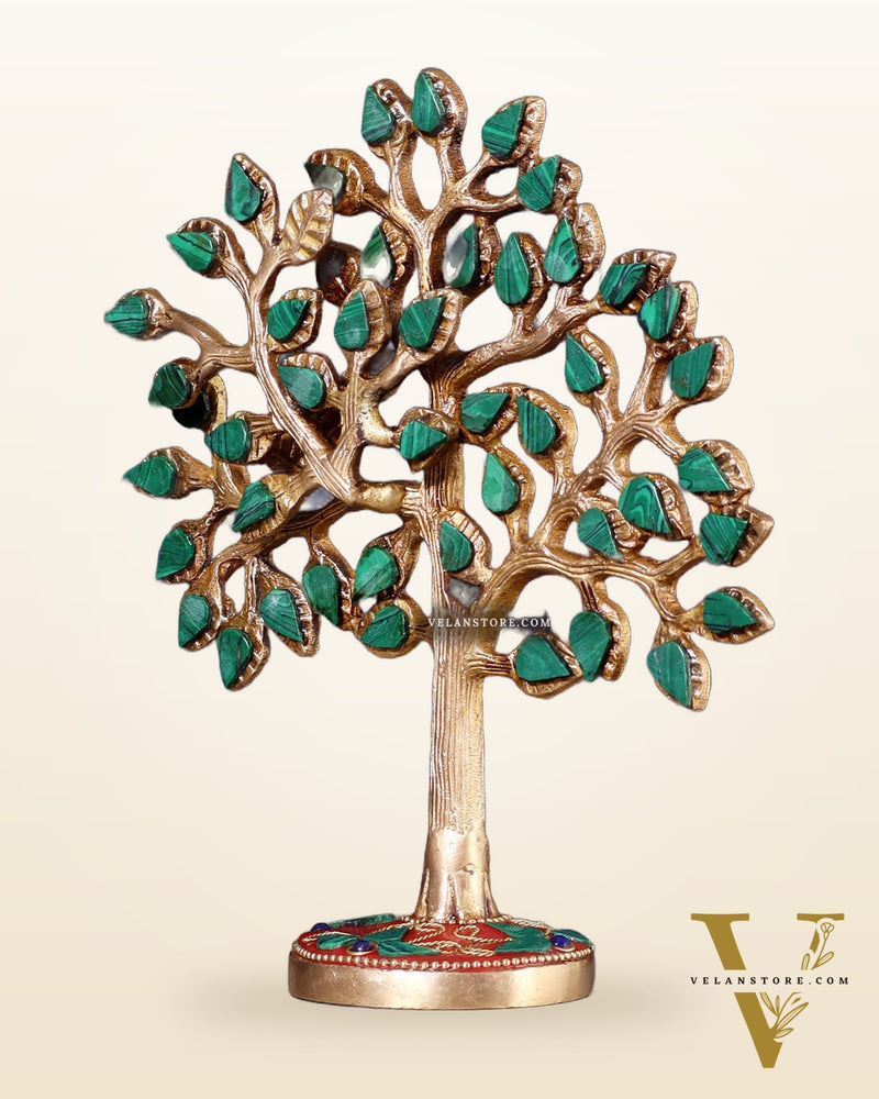 Pure Brass Kalpavriksha Tree with Stone Inlay – Table Decor Accent 7"