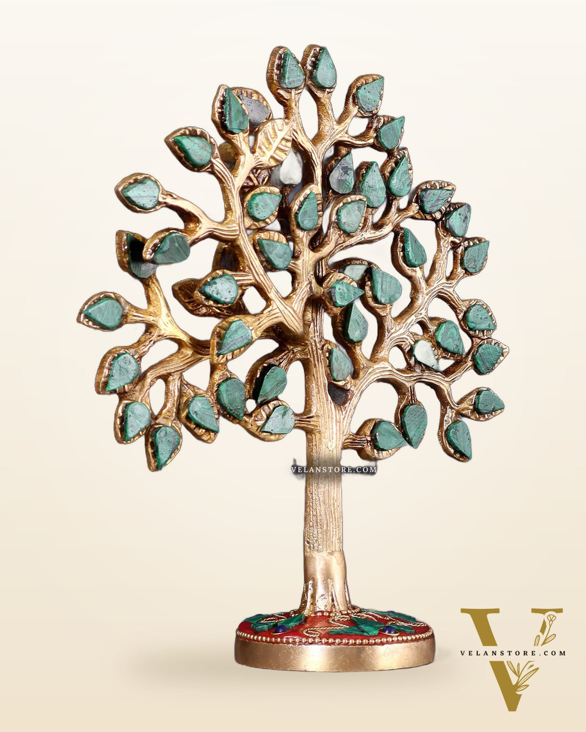Pure Brass Kalpavriksha Tree with Stone Inlay – Table Decor Accent 7"