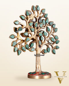 Pure Brass Kalpavriksha Tree with Stone Inlay – Table Decor Accent 7"