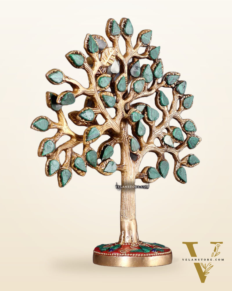 Pure Brass Kalpavriksha Tree with Stone Inlay – Table Decor Accent 7"