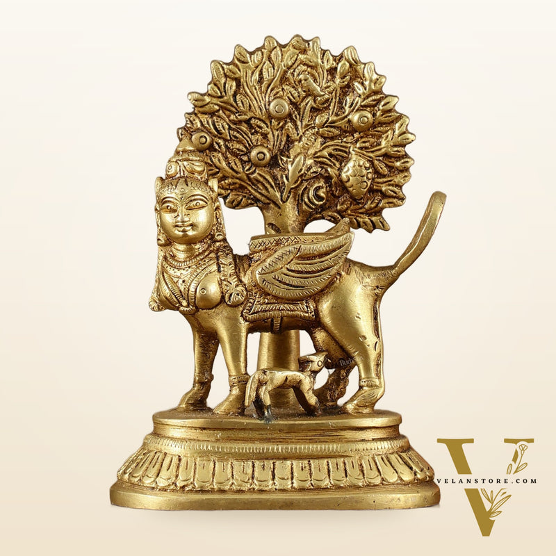 Pure Brass Kamadhenu Cow with Calf and Kalpavriksha - 5 Inch | Intricate Brass Sculpture