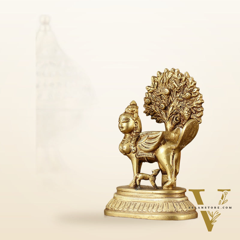 Pure Brass Kamadhenu Cow with Calf and Kalpavriksha - 5 Inch | Intricate Brass Sculpture