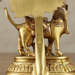 Pure Brass Kamadhenu Cow with Calf and Kalpavriksha - 5 Inch | Intricate Brass Sculpture