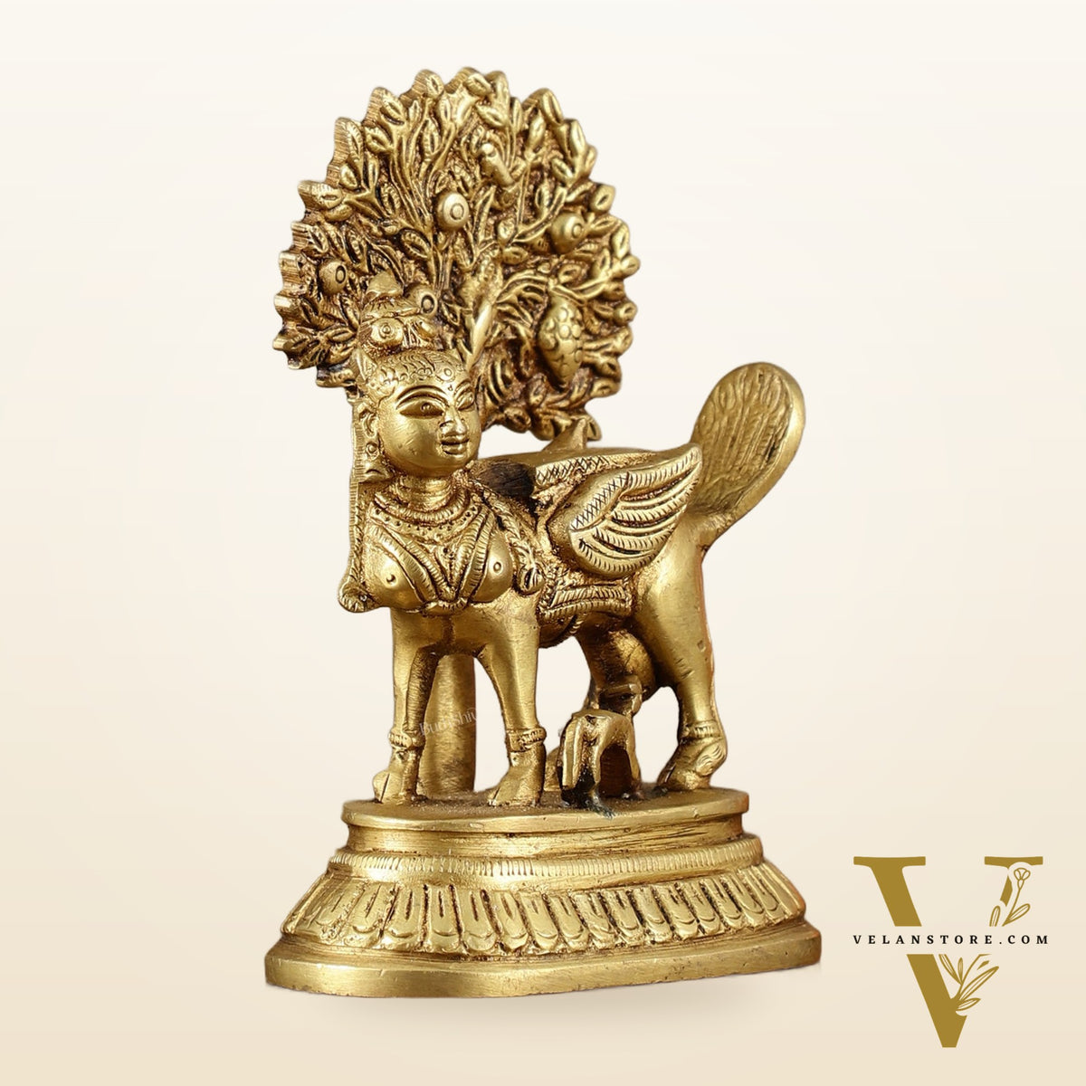 Pure Brass Kamadhenu Cow with Calf and Kalpavriksha - 5 Inch | Intricate Brass Sculpture