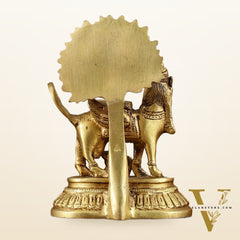 Pure Brass Kamadhenu Cow with Calf and Kalpavriksha - 5 Inch | Intricate Brass Sculpture