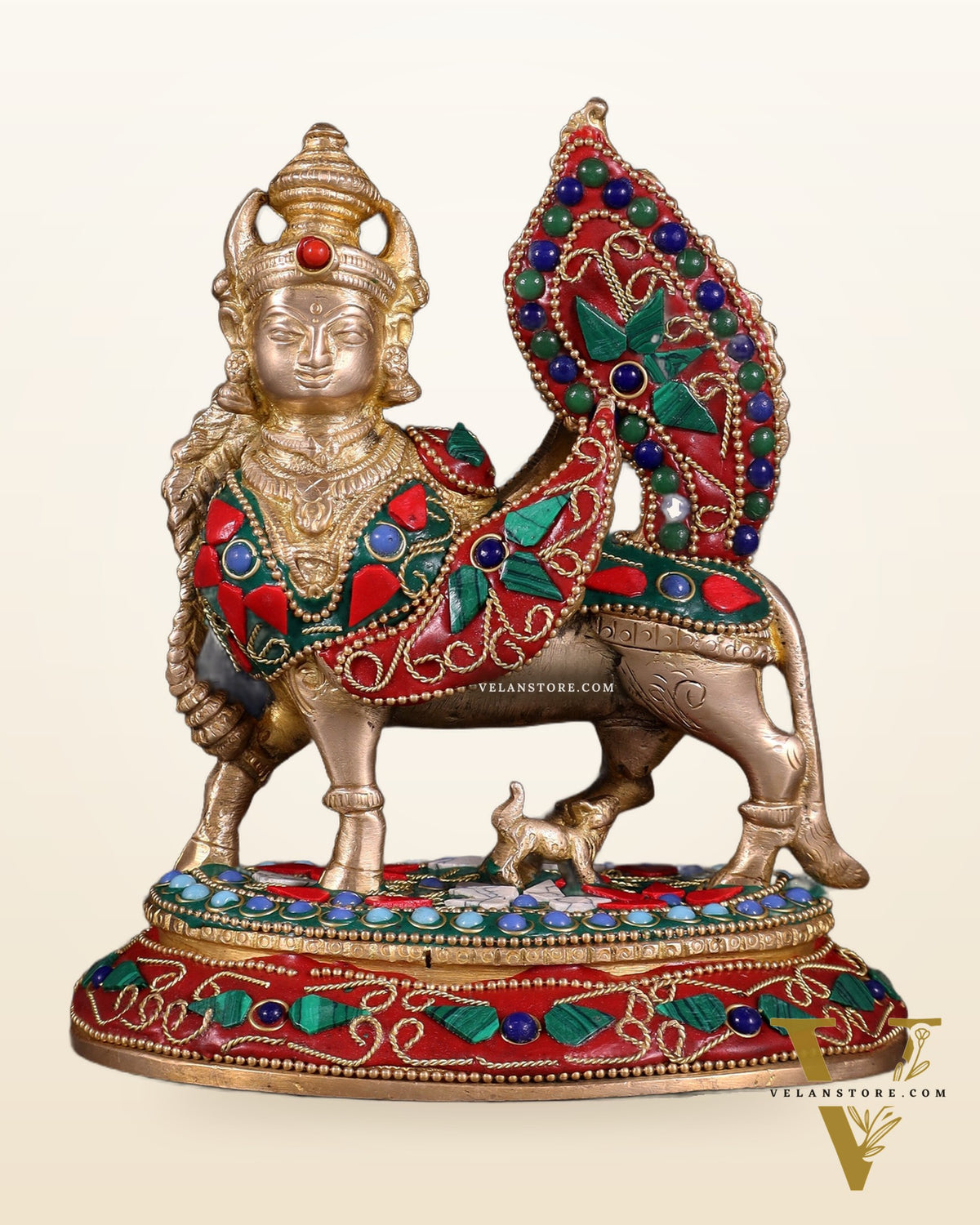 Pure Brass Kamadhenu Cow with Calf – Meenakari Stonework