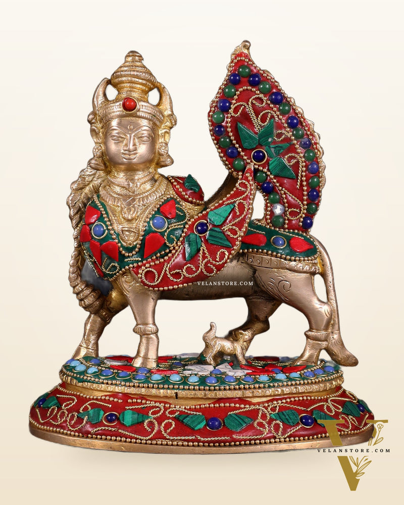 Pure Brass Kamadhenu Cow with Calf – Meenakari Stonework