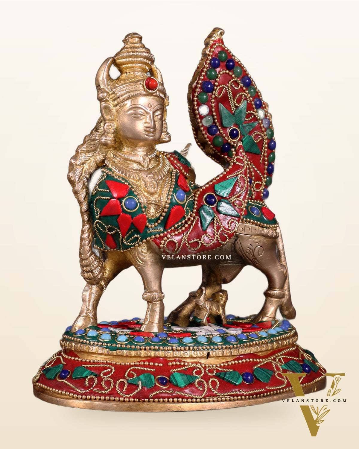 Pure Brass Kamadhenu Cow with Calf – Meenakari Stonework