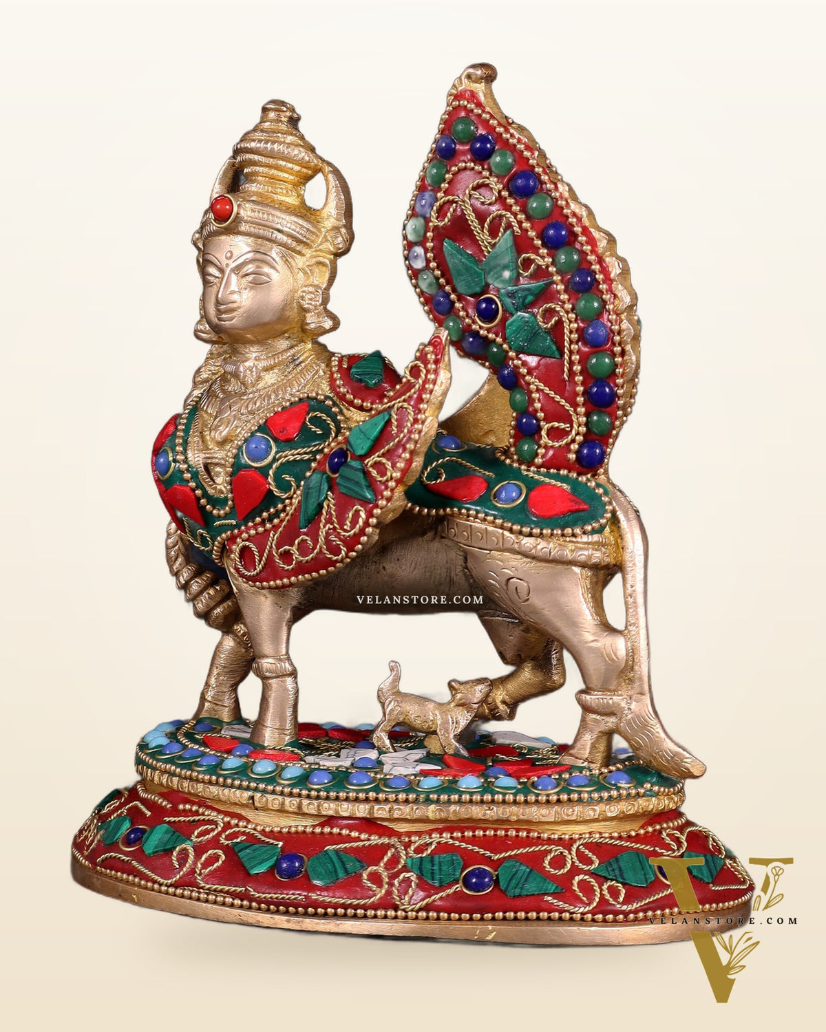 Pure Brass Kamadhenu Cow with Calf – Meenakari Stonework