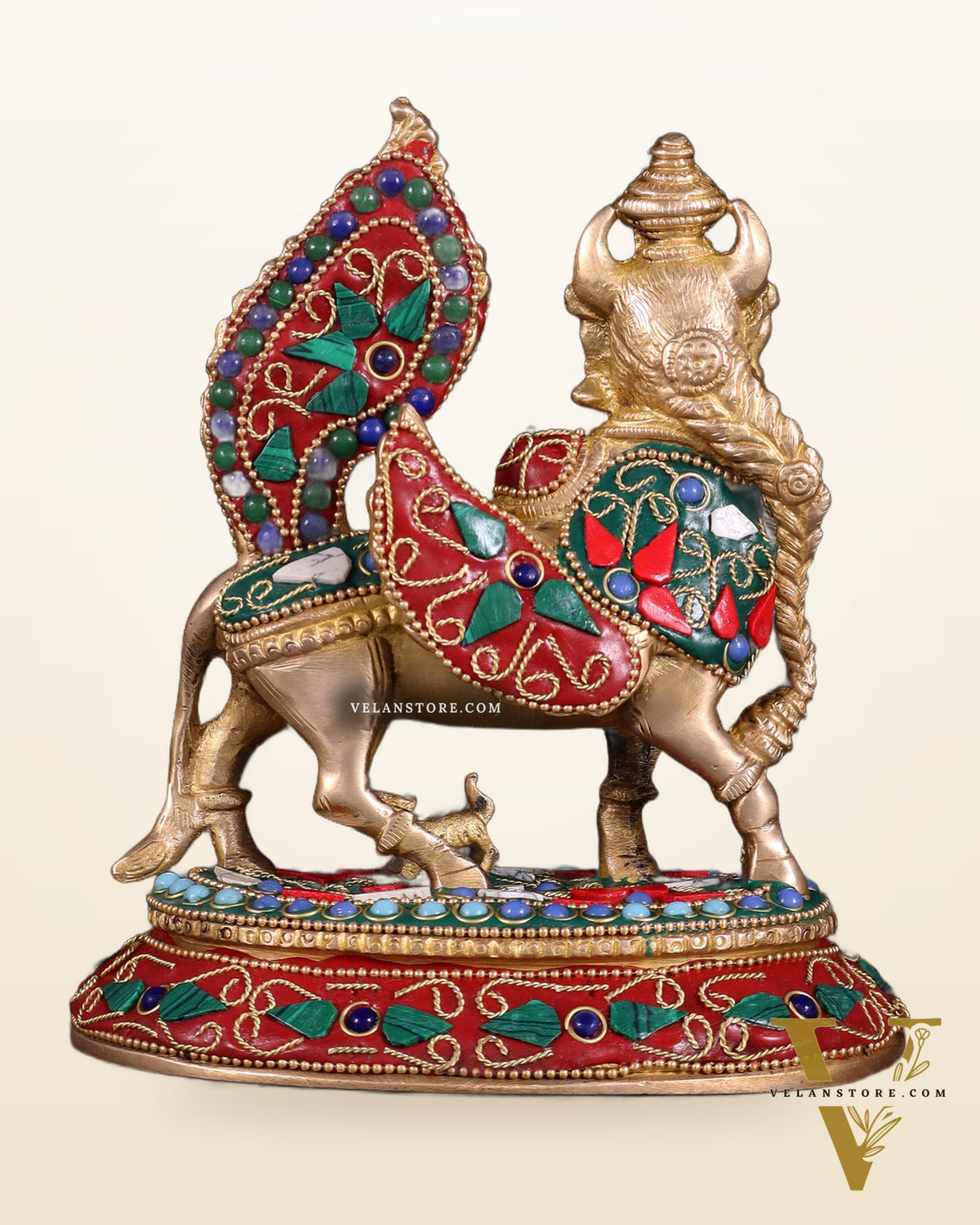 Pure Brass Kamadhenu Cow with Calf – Meenakari Stonework