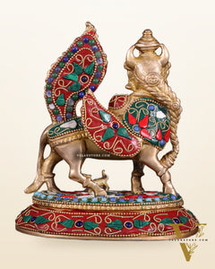 Pure Brass Kamadhenu Cow with Calf – Meenakari Stonework