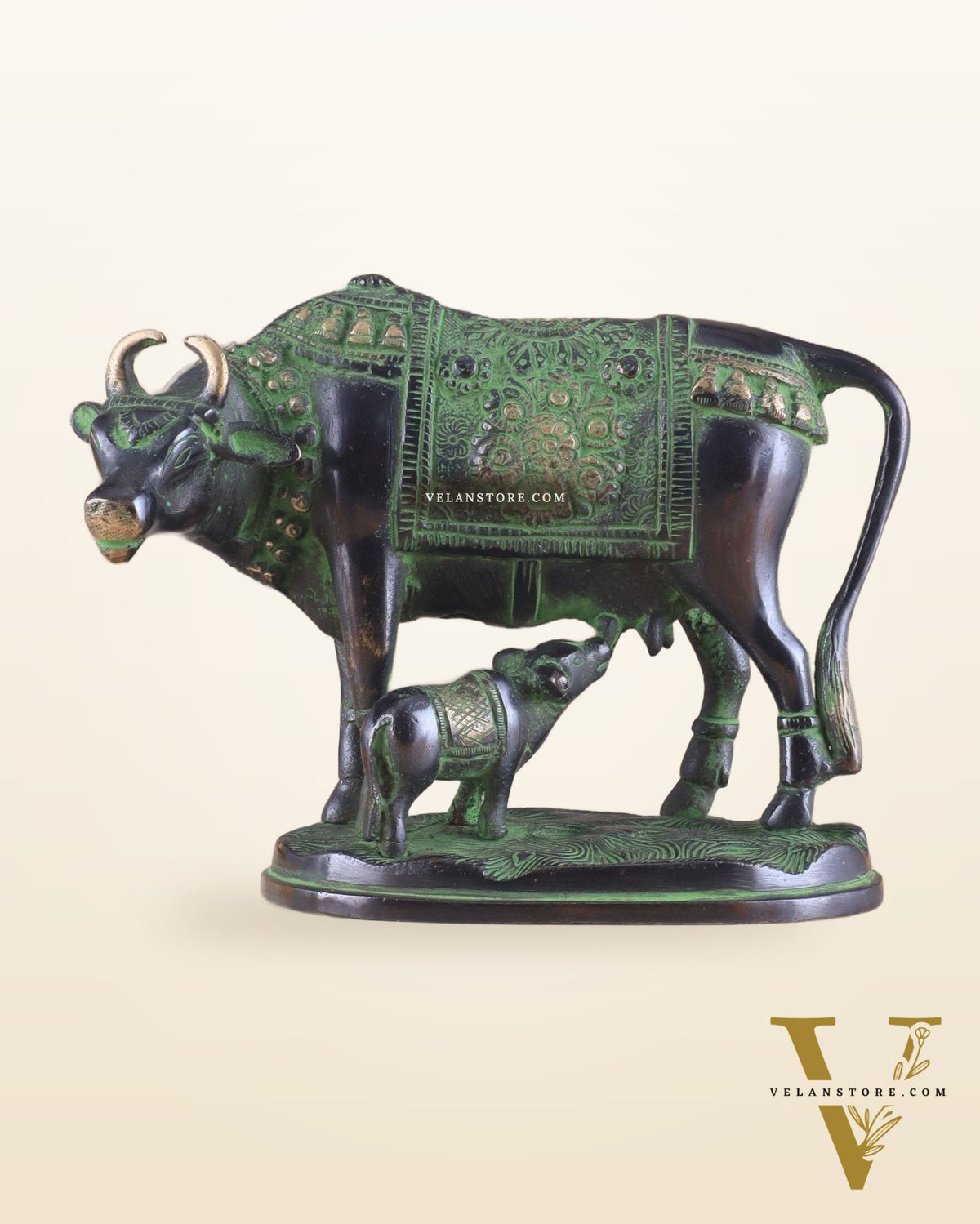 Pure Brass Kamadhenu Cow with Calf Statue – Black and Green Tone