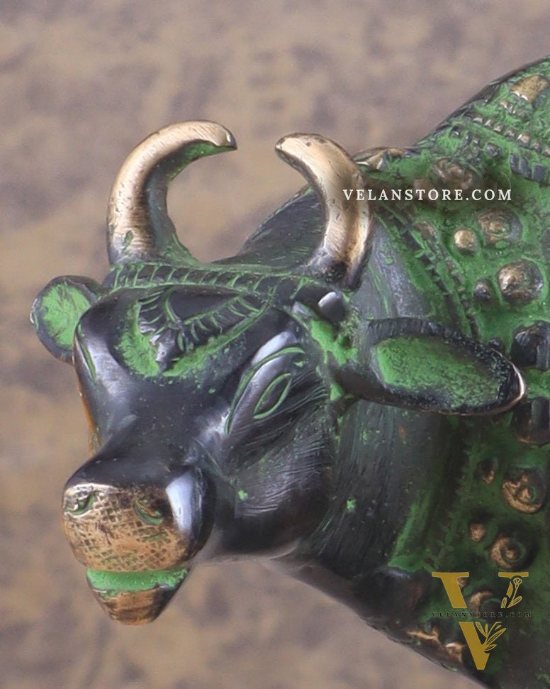 Pure Brass Kamadhenu Cow with Calf Statue – Black and Green Tone