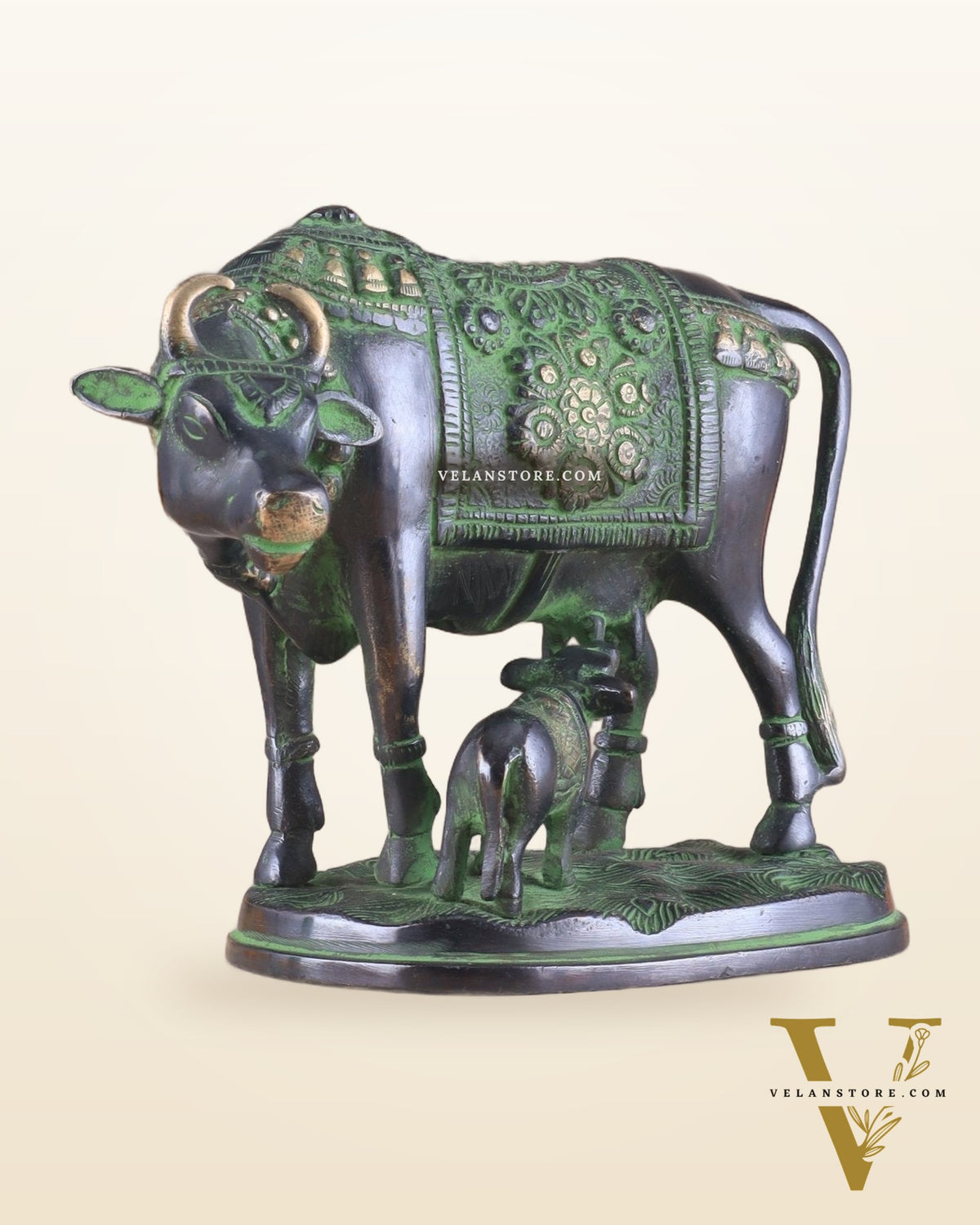 Pure Brass Kamadhenu Cow with Calf Statue – Black and Green Tone