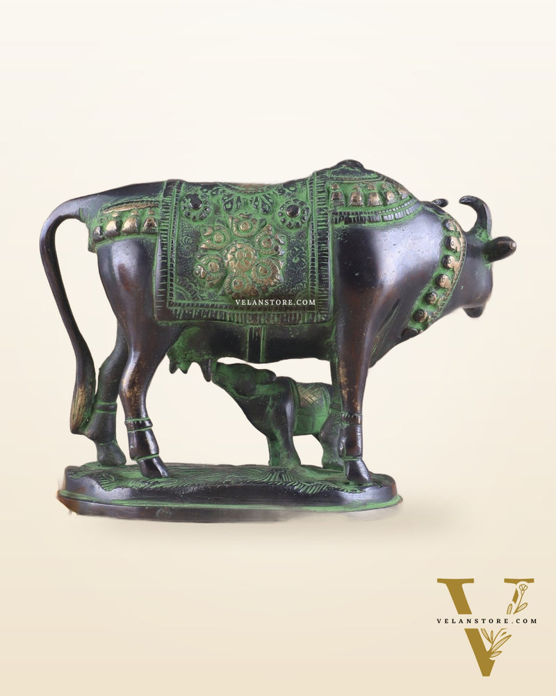 Pure Brass Kamadhenu Cow with Calf Statue – Black and Green Tone