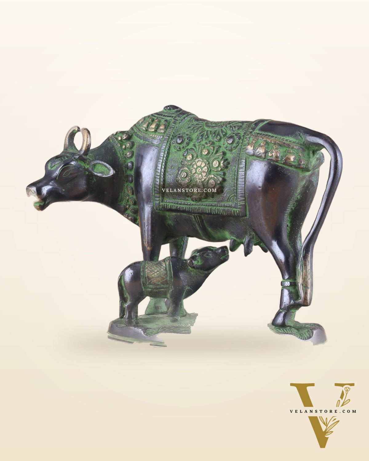 Pure Brass Kamadhenu Cow with Calf Statue – Black and Green Tone