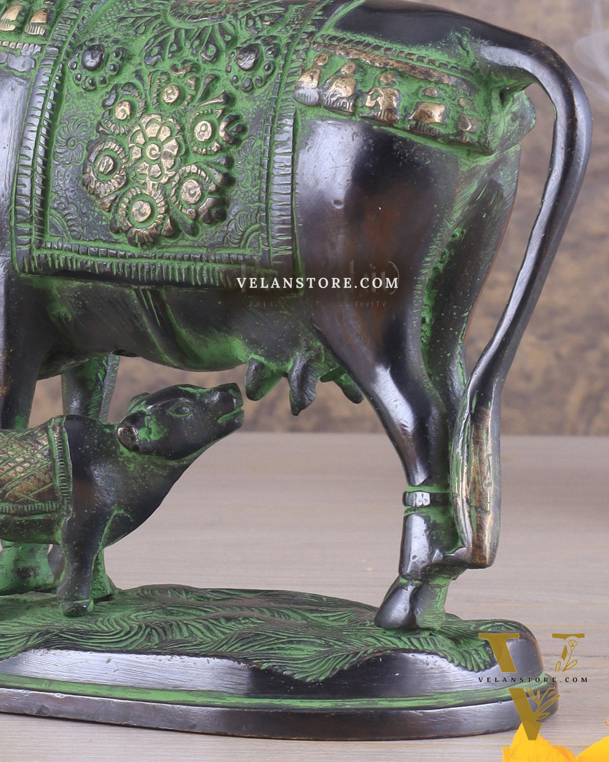 Pure Brass Kamadhenu Cow with Calf Statue – Black and Green Tone