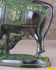 Pure Brass Kamadhenu Cow with Calf Statue – Black and Green Tone