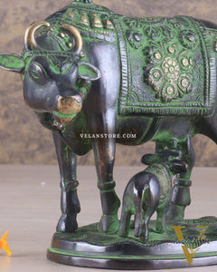 Pure Brass Kamadhenu Cow with Calf Statue – Black and Green Tone