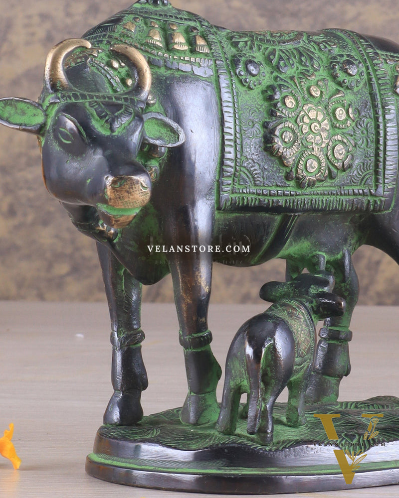 Pure Brass Kamadhenu Cow with Calf Statue – Black and Green Tone