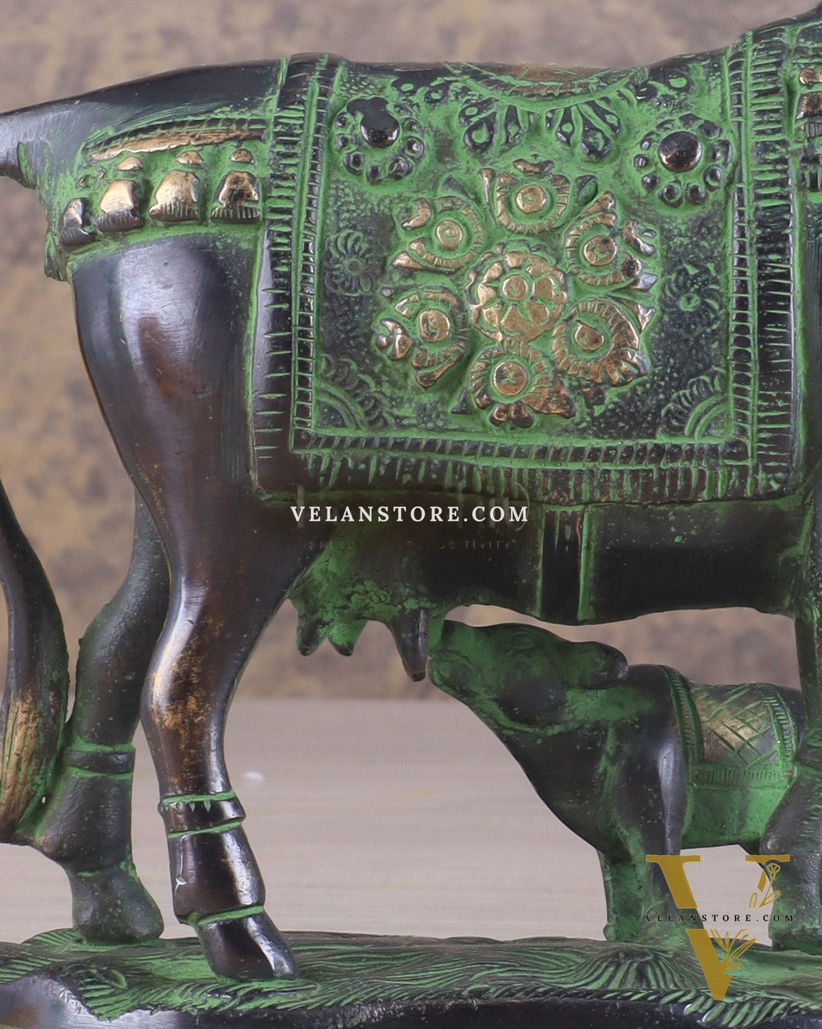 Pure Brass Kamadhenu Cow with Calf Statue – Black and Green Tone