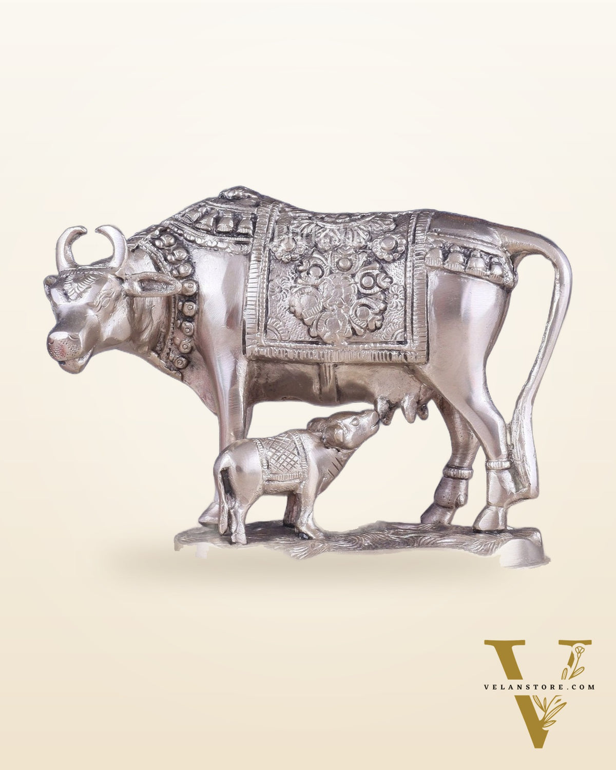 Pure Brass Kamadhenu Cow with Calf Statue – Silver plated