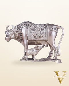 Pure Brass Kamadhenu Cow with Calf Statue – Silver plated