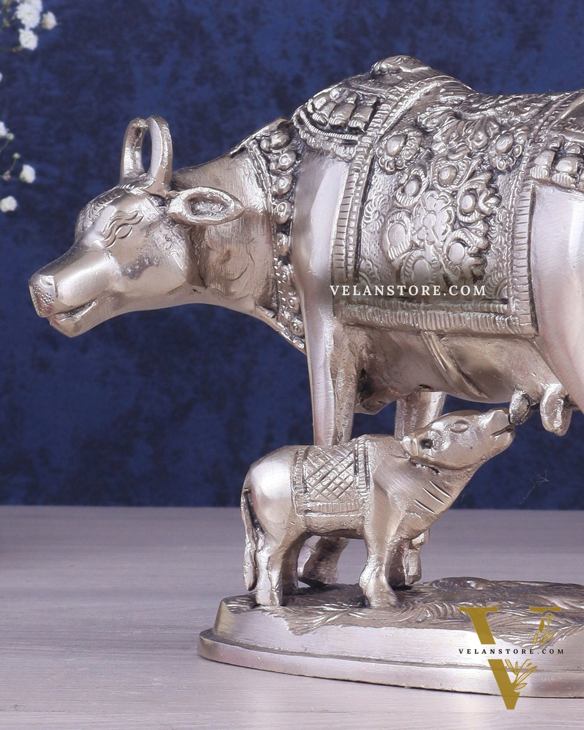 Pure Brass Kamadhenu Cow with Calf Statue – Silver plated