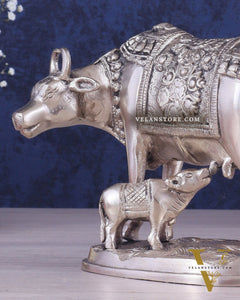 Pure Brass Kamadhenu Cow with Calf Statue – Silver plated