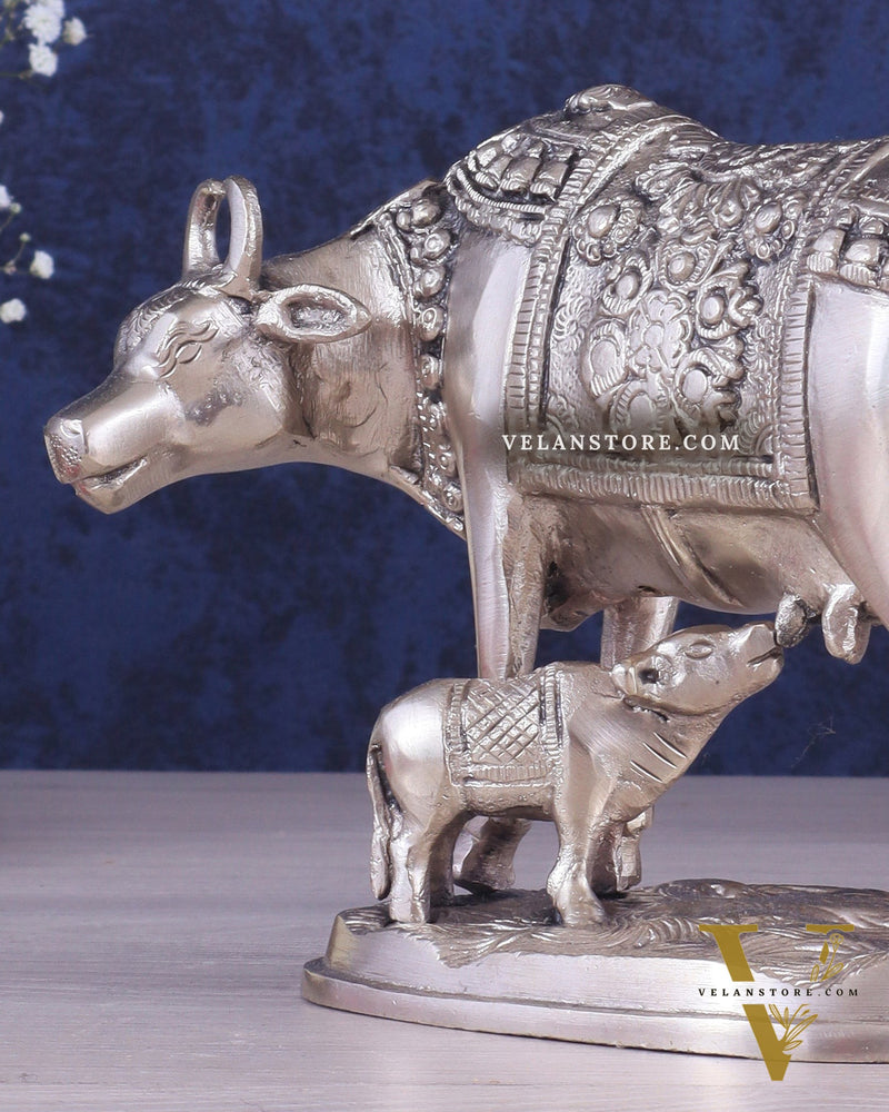 Pure Brass Kamadhenu Cow with Calf Statue – Silver plated