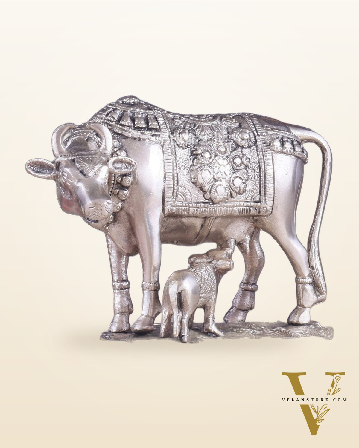 Pure Brass Kamadhenu Cow with Calf Statue – Silver plated