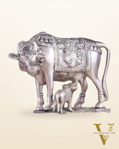 Pure Brass Kamadhenu Cow with Calf Statue – Silver plated