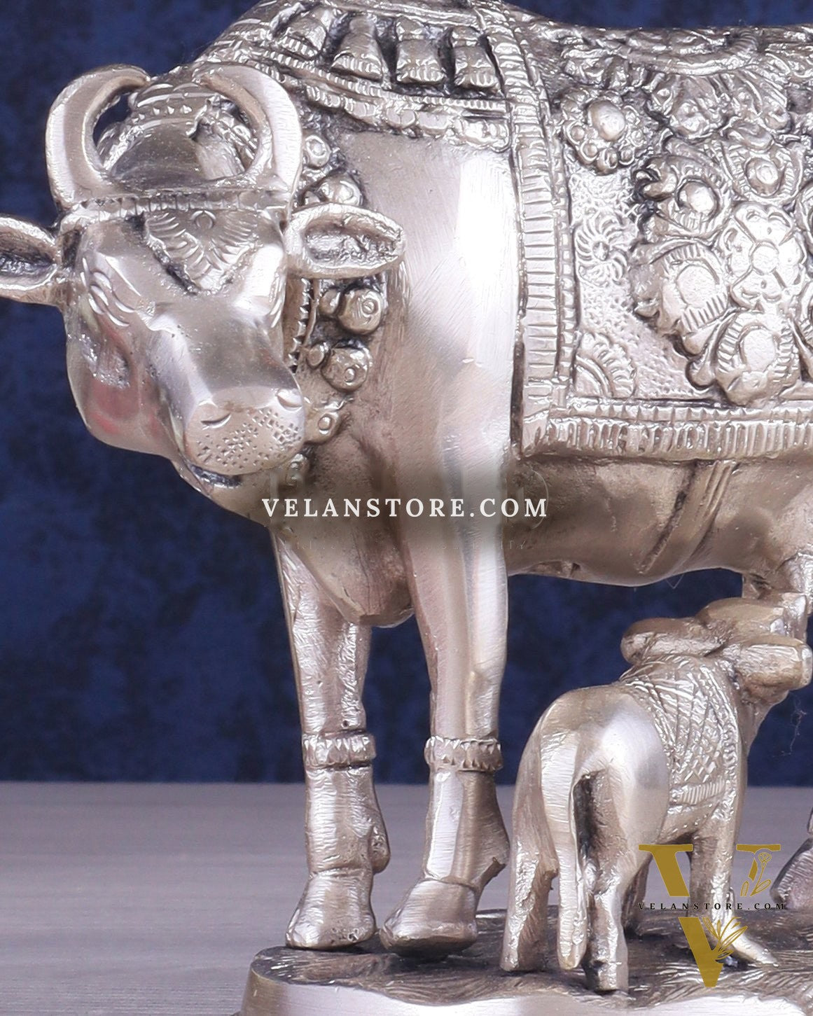 Pure Brass Kamadhenu Cow with Calf Statue – Silver plated