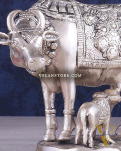 Pure Brass Kamadhenu Cow with Calf Statue – Silver plated