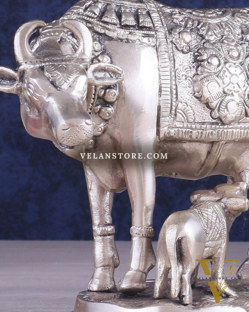 Pure Brass Kamadhenu Cow with Calf Statue – Silver plated