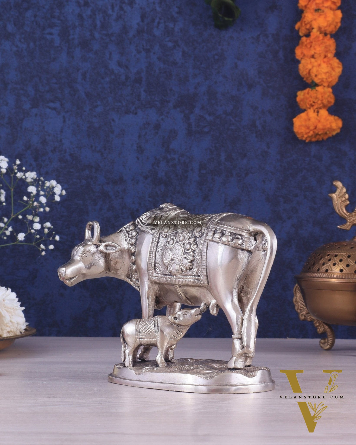 Pure Brass Kamadhenu Cow with Calf Statue – Silver plated