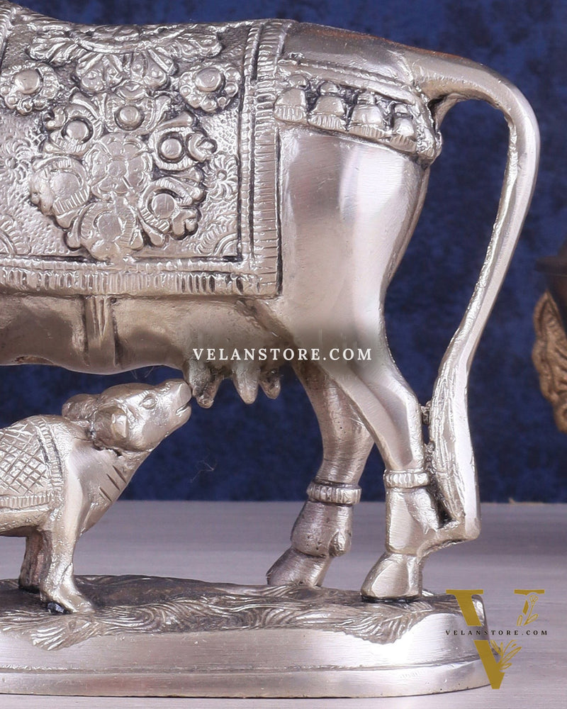 Pure Brass Kamadhenu Cow with Calf Statue – Silver plated