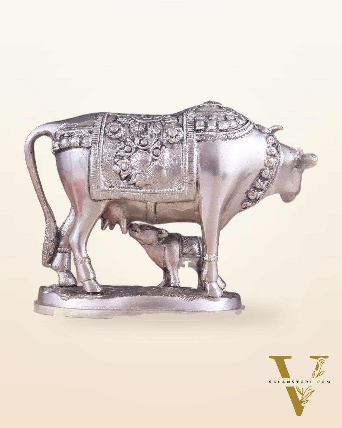 Pure Brass Kamadhenu Cow with Calf Statue – Silver plated