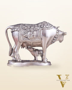 Pure Brass Kamadhenu Cow with Calf Statue – Silver plated