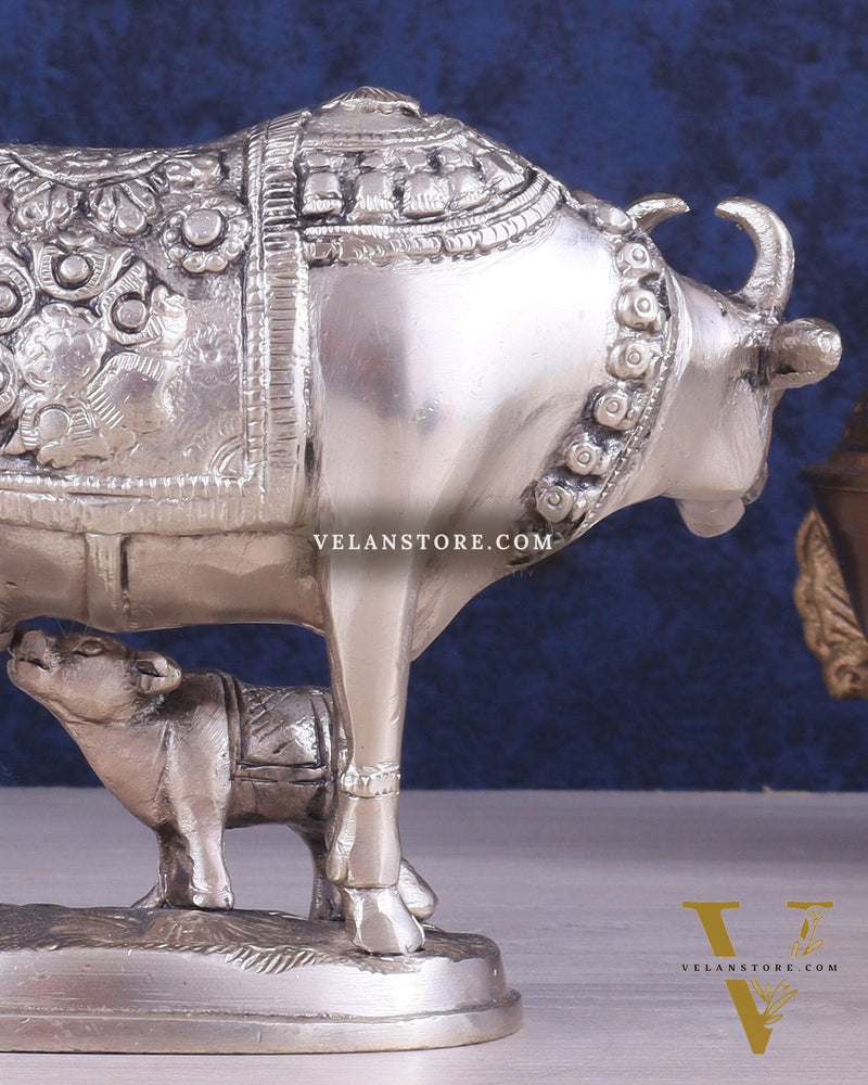 Pure Brass Kamadhenu Cow with Calf Statue – Silver plated