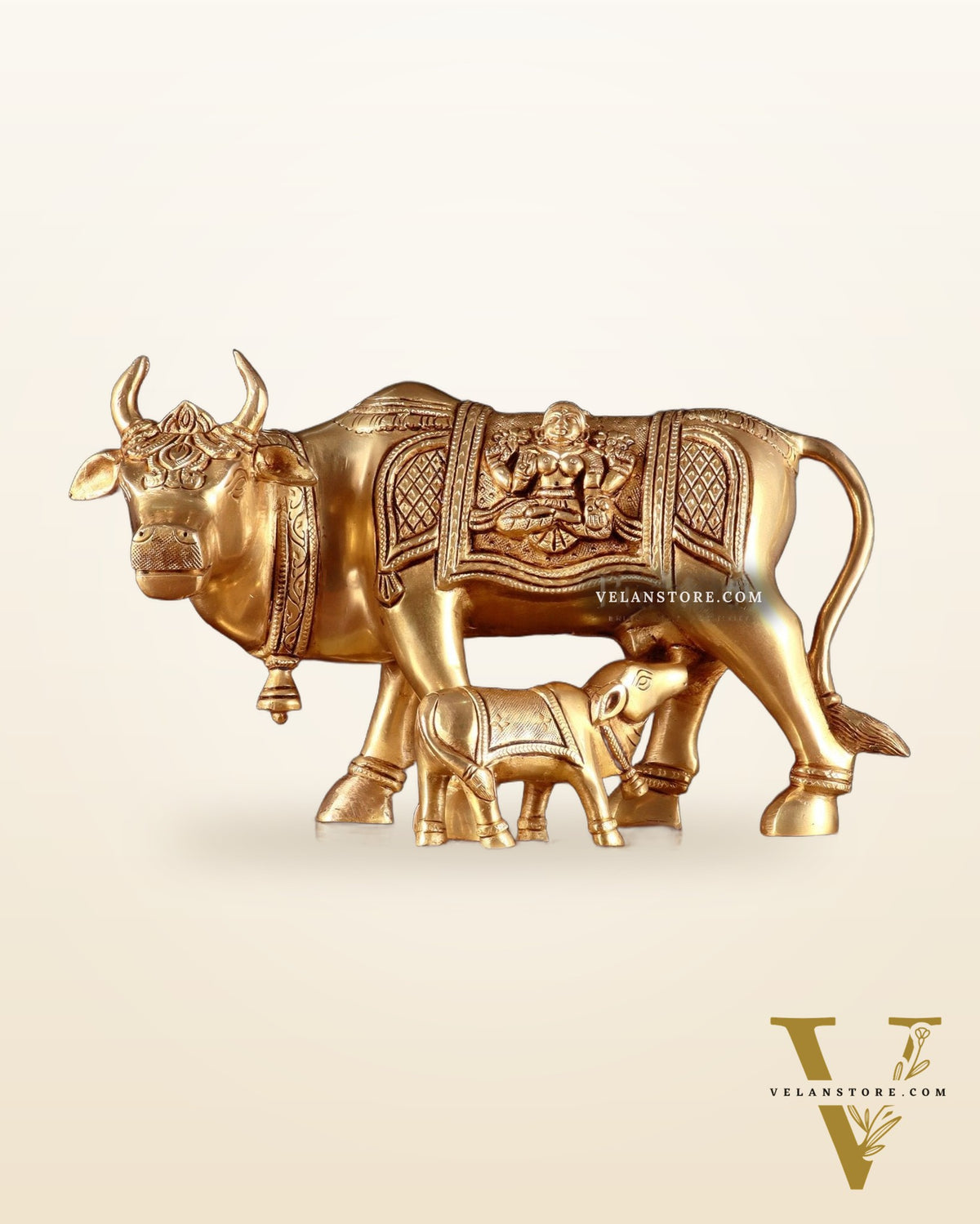 Pure Brass Kamdhenu Cow with Calf – 8” x 12” x 6.5”