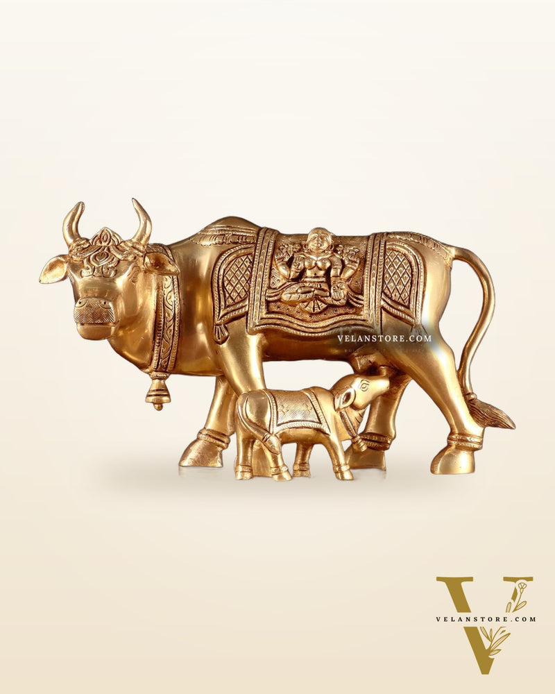 Pure Brass Kamdhenu Cow with Calf – 8” x 12” x 6.5”
