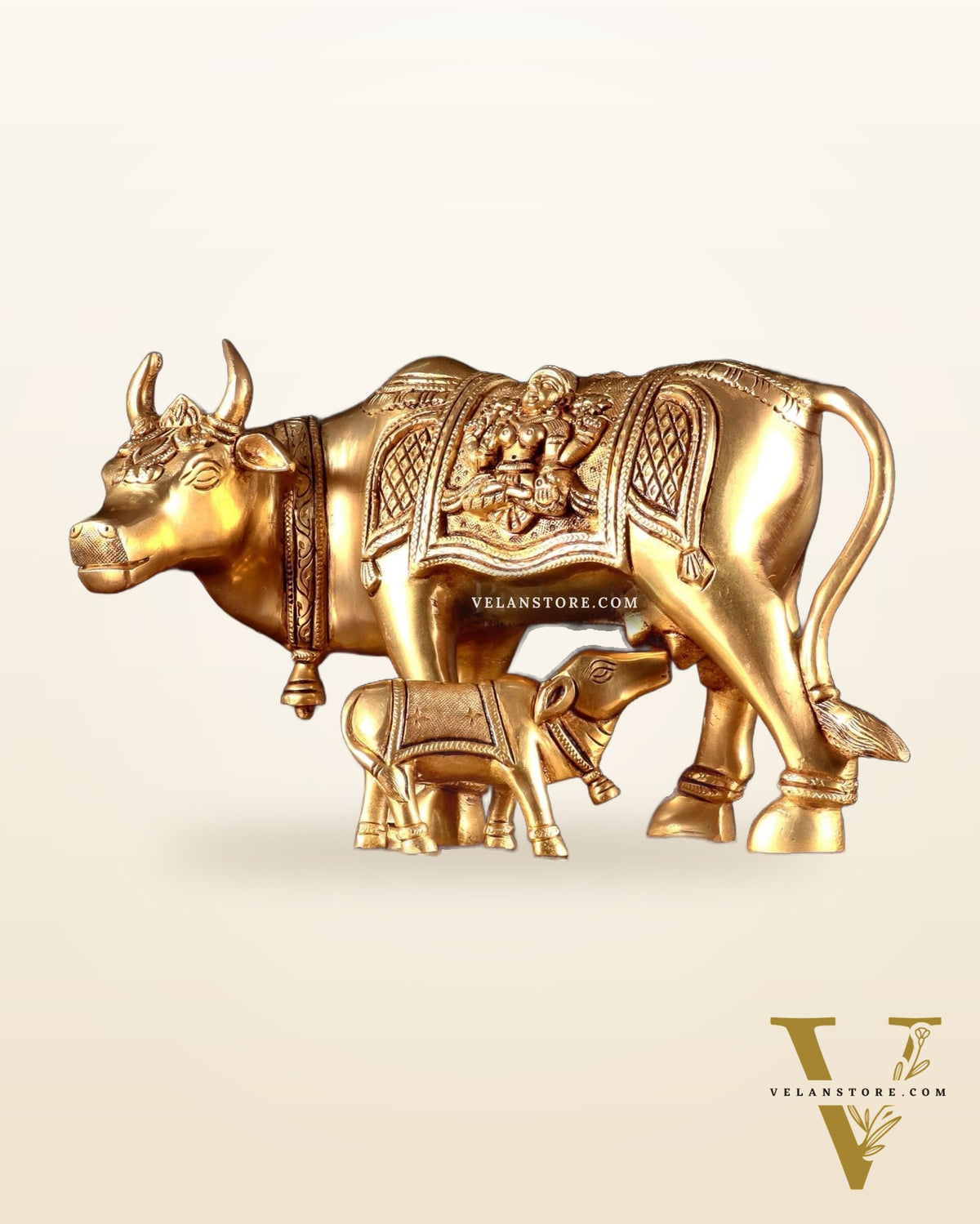 Pure Brass Kamdhenu Cow with Calf – 8” x 12” x 6.5”