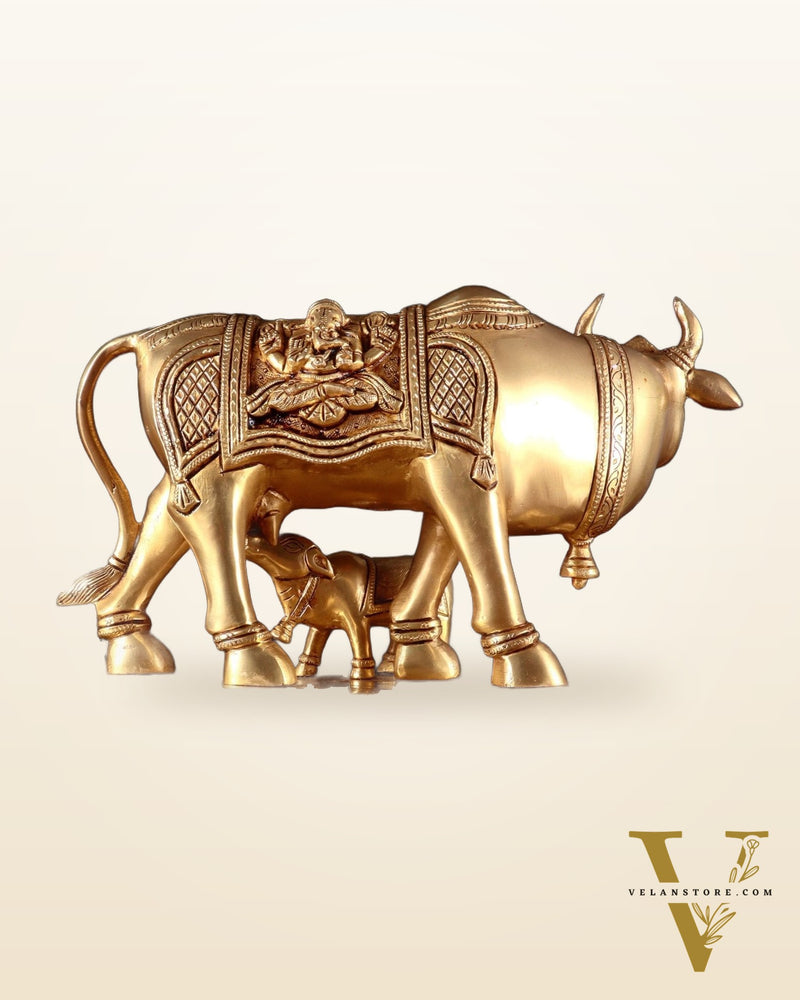 Pure Brass Kamdhenu Cow with Calf – 8” x 12” x 6.5”