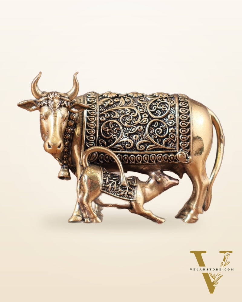 Pure Brass Kamdhenu Cow with Calf Idol - 3"
