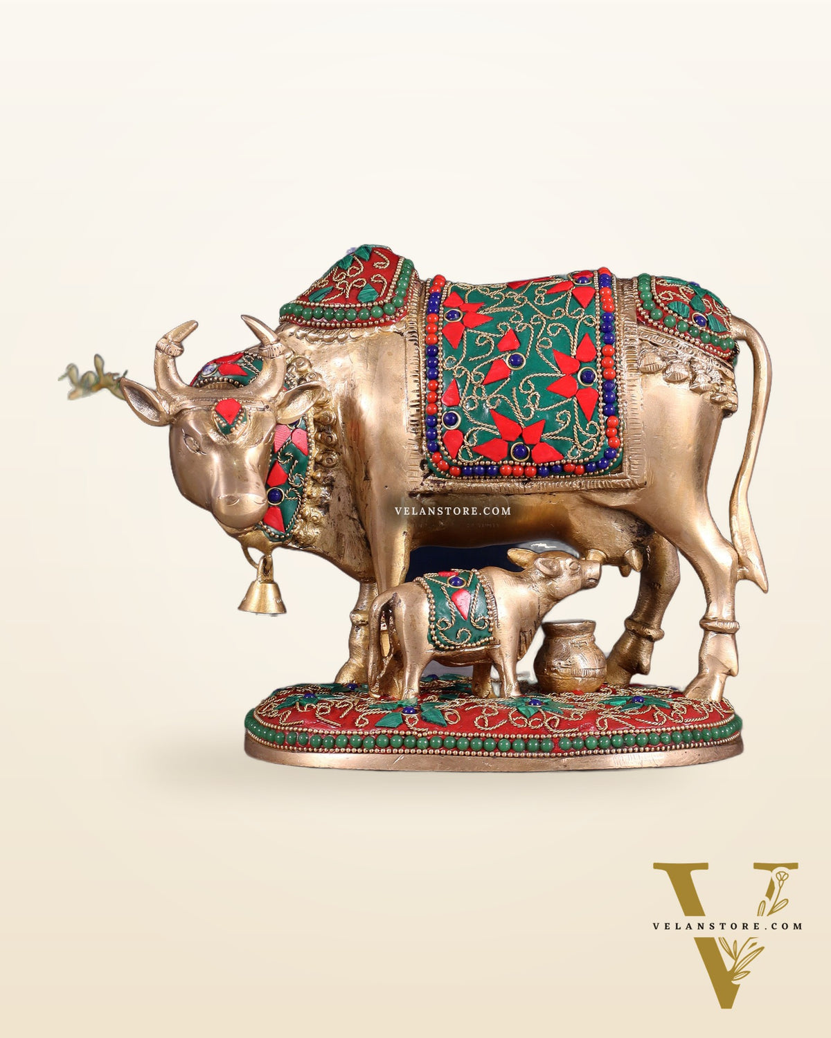 Pure Brass Kamdhenu Cow with Calf Idol – 8" floral stonework
