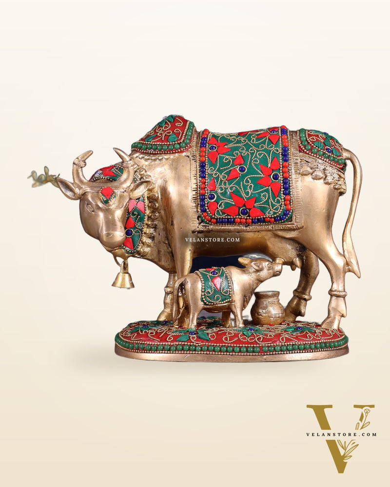 Pure Brass Kamdhenu Cow with Calf Idol – 8" floral stonework