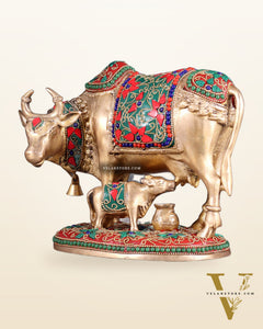 Pure Brass Kamdhenu Cow with Calf Idol – 8" floral stonework