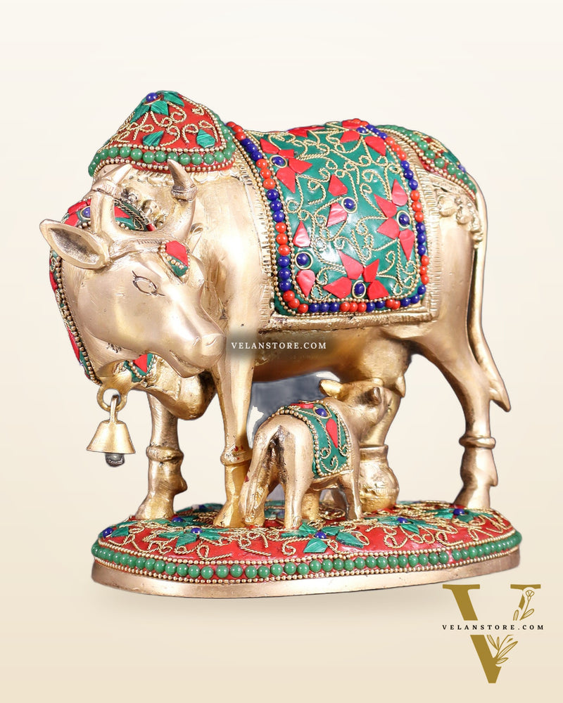 Pure Brass Kamdhenu Cow with Calf Idol – 8" floral stonework